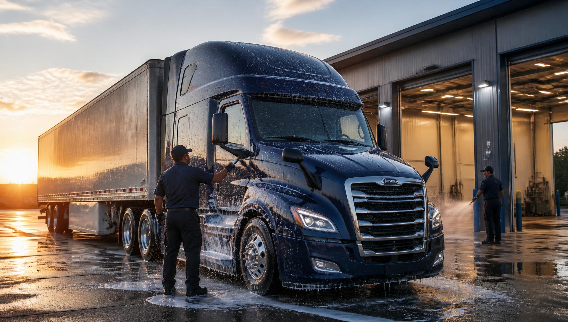Truck wash facility cleaning a commercial semi-truck at sunrise